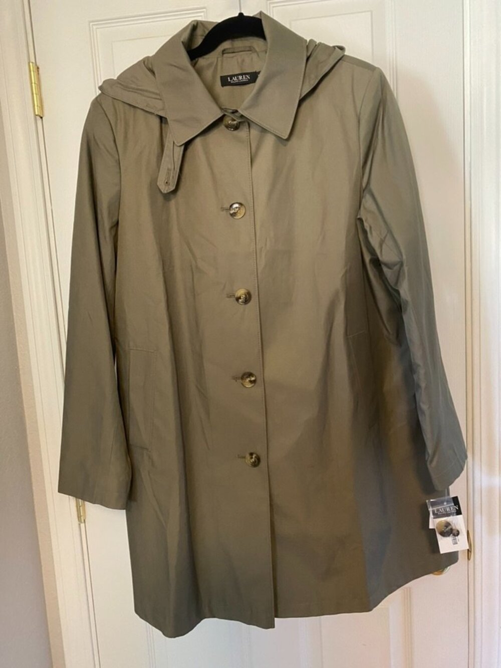 NWT Lauren Ralph Lauren Balmacaan Hooded Raincoat Olive Fern Size XL - Picture 3 of 7